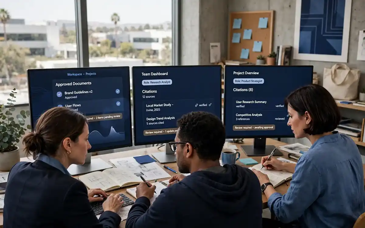 Small creative team working with a controlled AI Workspace